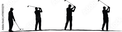 Golfer silhouette performing swing sequence on course, outdoor sports practice, golf motion study, athletic training, recreation, fitness lifestyle, precision skill