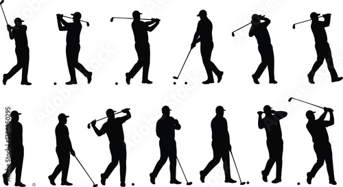 Silhouette sequence of golfer swinging club, professional golf player in motion, sports training illustration, athletic performance concept on white background