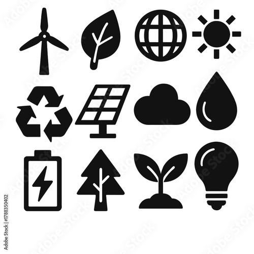 Brutalist Eco Icons. Environmental Wind Energy silhouette icon set: wind turbine, leaf, globe, sun, recycling symbol, solar panel, cloud, water droplet, eco battery, tree, plant,