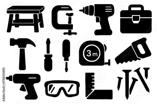 DIY Tool Icons. DIY Workshop Bench silhouette icon set: small workbench, clamp, cordless drill, toolbox, hammer, screwdriver, tape measure, saw, glue gun, safety glasses, ruler,
