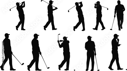 Golfer silhouette performing golf swing motion sequence, sports technique, outdoor fitness, athletic performance, practice training, action, recreation, and lifestyle art
