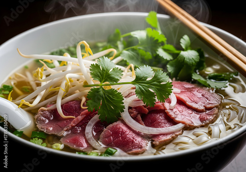 Close-up of a steaming hot bowl of Vietnamese pho noodle soup with rare beef.