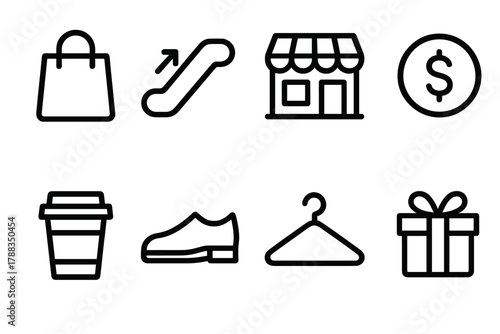 Mall Icon Essentials. Mall Essentials linear icon set: shopping bag, escalator, storefront, coin, coffee cup, shoe, hanger, gift box.