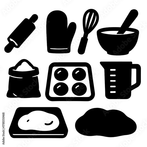 Bold Baking Icons. Baking Concept silhouette icon set: rolling pin, oven mitt, mixing bowl, whisk, measuring cup, flour bag, baking tray, dough.