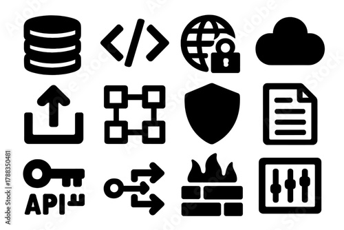 Bold Data Icons. Data APIs silhouette icon set: database stack, code brackets, secure connection, cloud symbol, upload icon, network grid, shield icon, document page, API key, data