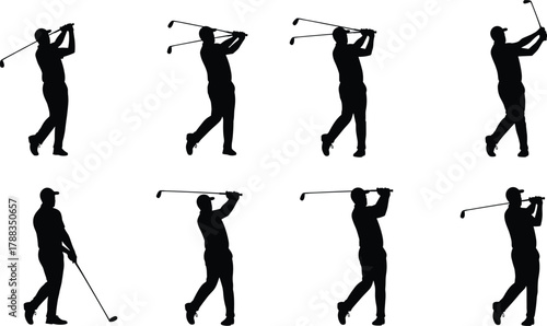 Golfer swing silhouette sequence showing golf swing technique, sports training, athletic motion, outdoor activity, practice, fitness, and professional performance art