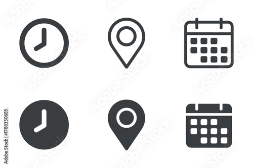 Set of calendar, location pin and clock icons, concept of date, time and place, for web and mobile app ui design, isolated on white background