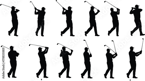 Silhouette sequence of golfer swinging club during golf game, sports action, training, fitness, outdoor activity, professional golfing motion study