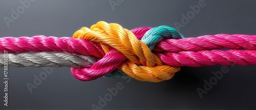 Colorful ropes twisted together create an artistic display of strength and unity on a dark backdrop