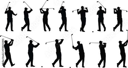 Golfer swinging club sequence silhouette showing professional golf swing motion, sports training, athletic movement, outdoor fitness, practice and performance art