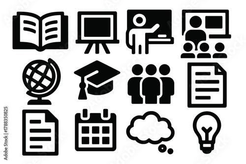 Educational Icon Set. Educational Theories silhouette icon set: open book, chalkboard, teacher icon, classroom, globe, graduation cap, student group, notebook, document page,