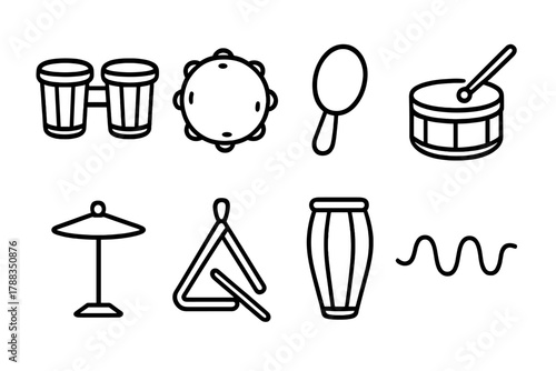 Percussion Instrument Icons. Percussion Rhythm linear icon set: bongo, tambourine, shaker, drumstick, cymbal, triangle, conga, rhythm line.