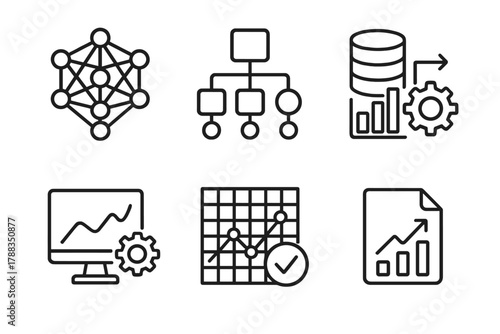 AI Icons Collection. Machine Learning Modeling linear icon set: neural network, decision tree, data preprocessing, training process, evaluation chart, prediction output.