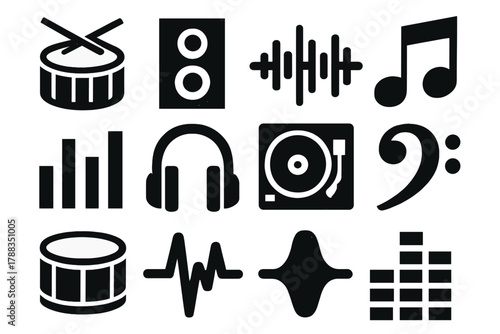 Brutalist Music Icons. Music Beats silhouette icon set: drum, speaker, waveform, music note, equalizer, headphones, turntable, bass symbol, snare drum, rhythm line, beat wave,