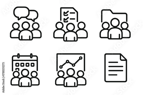 Teamwork Symbols. Team decision making linear icon set: group of people, chat bubbles, checklist, document folder, calendar, chart line.