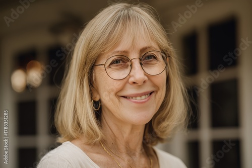 Smiling Woman With Glasses Stands in a Well-Lit, Elegant Indoor Space During ...