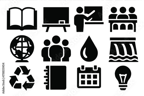 Hydropower Education Icons. Educational Hydropower silhouette icon set: open book, chalkboard, teacher icon, classroom, globe, student group, water droplet, dam, recycling symbol,