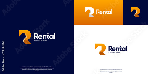 marketing logo with product label symbol, rental, sales, agency, graphic design illustration.
