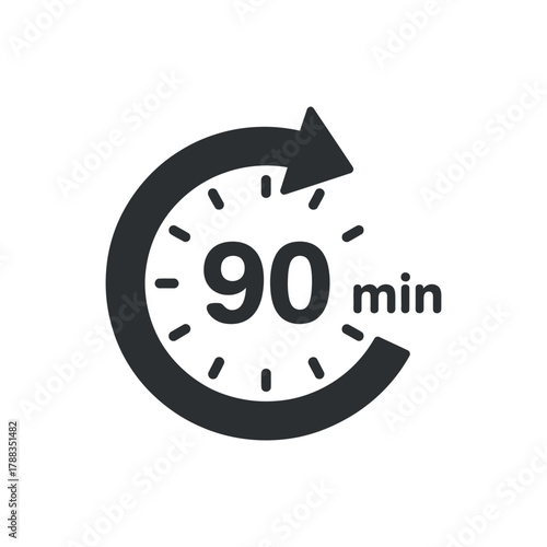 Ninety minutes icon timer with arrow in dark gray color symbol 120 character seo title