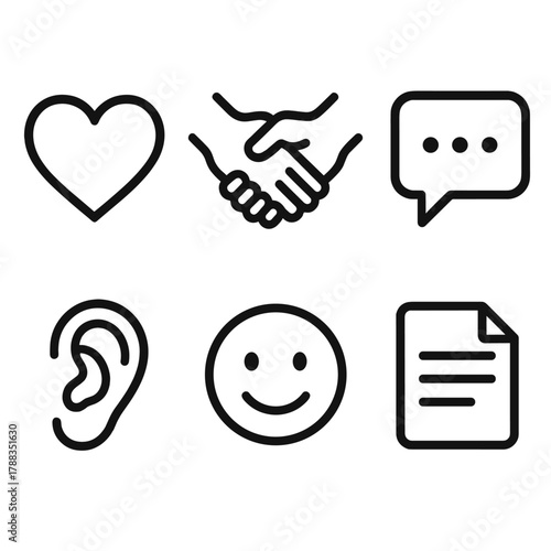 Empathy Icons Collection. Empathetic listening linear icon set: heart, hands holding, chat window, ear, smile face, document.