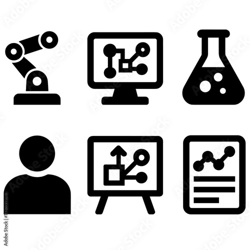 Brutalist AI Icons. AI Laboratory silhouette icon set: robotic arm, computer monitor, lab flask, whiteboard diagram, researcher icon, experimental data.