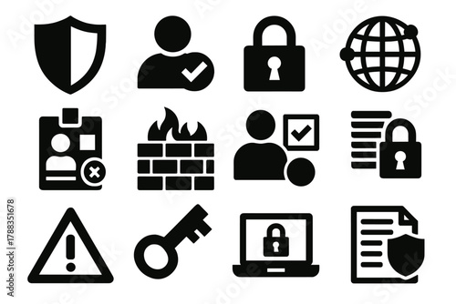 Zero Trust Icons. Zero Trust Security silhouette icon set: shield icon, user verification, lock symbol, secure network, access control badge, firewall grid, identity check, data