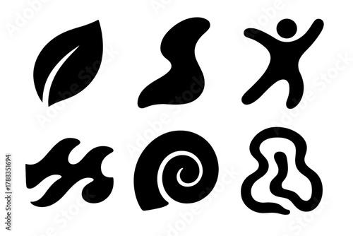Brutalist Organic Icons. Organic Form silhouette icon set: leaf curve, flowing shape, human figure, wave form, shell spiral, natural contour.