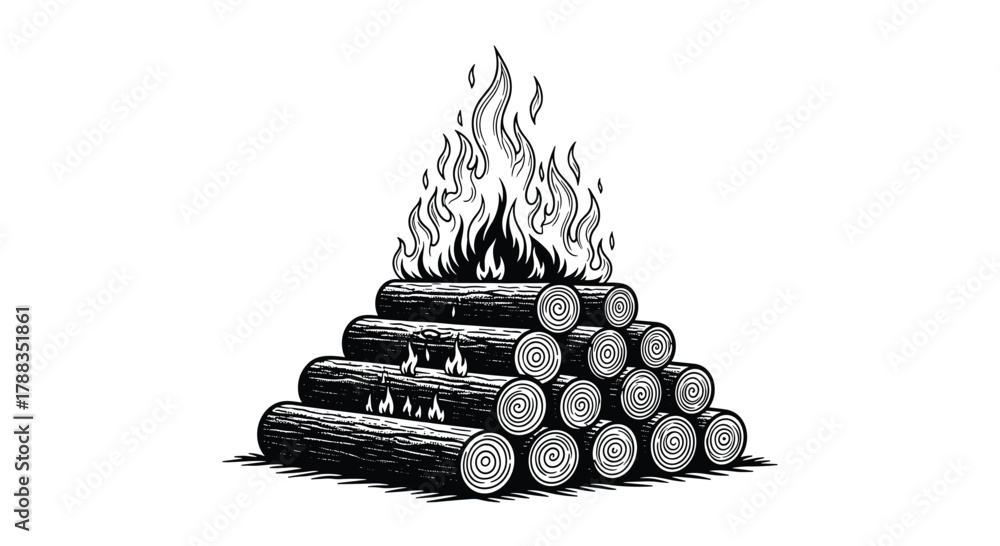 Naklejka premium A stylized black and white illustration depicting a roaring outdoor campfire with logs stacked neatly in a pyramid, generating bright flames and a warm glow.