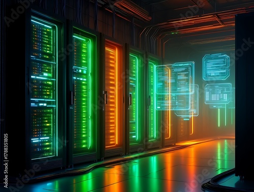 Modern data center with server racks and neon lights reflecting floor