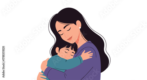 A loving mother tenderly embraces her young child, sharing a peaceful and affectionate moment that symbolizes their strong bond and deep connection.