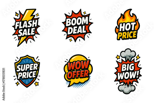 Comic flash sale badges, pop art discount icons