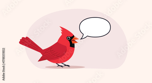 Cartoon cardinal bird with an empty speech bubble, symbolizing communication, thoughts, or a cheerful message in a simple, friendly style.