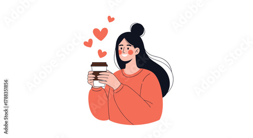 A smiling young woman in a coral sweater holds a warm coffee cup, with floating hearts symbolizing comfort, love, and contentment.