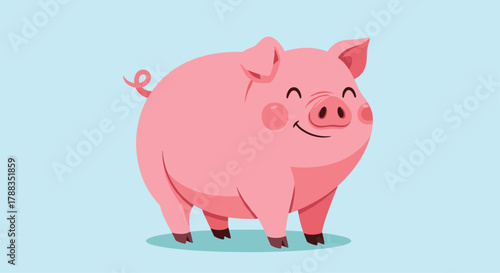 A cute and cheerful pink cartoon pig illustration, happily smiling with a curly tail on a light blue background.