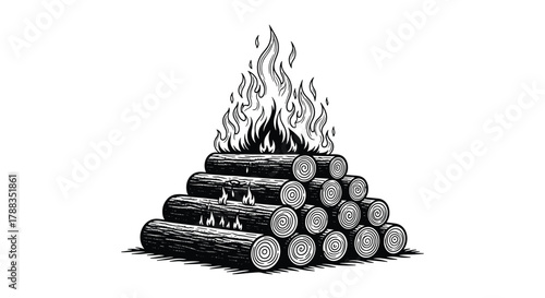 A stylized black and white illustration depicting a roaring outdoor campfire with logs stacked neatly in a pyramid, generating bright flames and a warm glow.