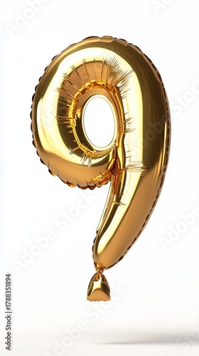 Golden Balloon Number Nine Floating Against a White Background for Celebratio...