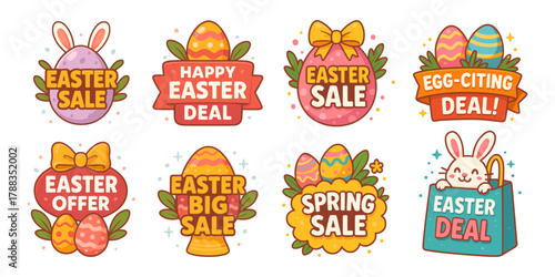 Easter spring sale badges, cute holiday discount labels