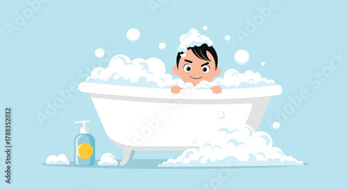 A happy child with a playful expression enjoys a relaxing and bubbly bath, with soap suds overflowing the tub and a soap dispenser nearby.