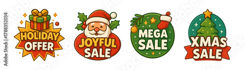 Christmas offer cartoon badges, joyful winter deals