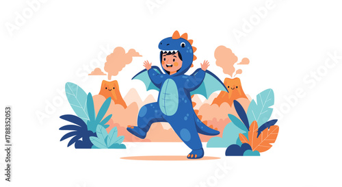 A cheerful child in a playful blue dragon costume runs among smiling volcanoes and lush prehistoric plants, creating a whimsical scene.