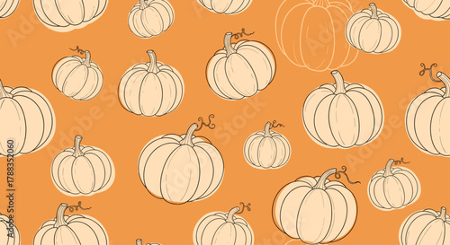 Seamless autumnal pattern of hand-drawn pumpkins and squash with varying line art details on a warm orange background, evoking a festive fall spirit.