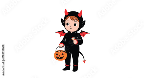 A cute child in a black devil costume with red horns and wings holds a pumpkin trick-or-treat bucket and candy, ready for Halloween festivities.
