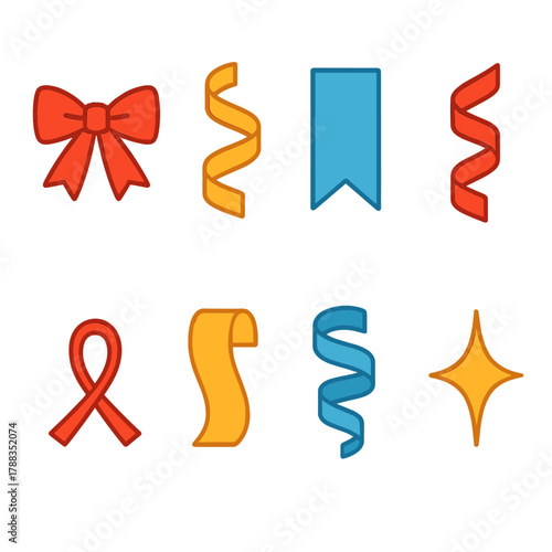 Modern Ribbon Icons. Decorative Ribbons Icons flat icons: satin bow, curled streamer, folded ribbon edge, twisting strand, tied loop, paper ribbon, festive curl, star sparkle