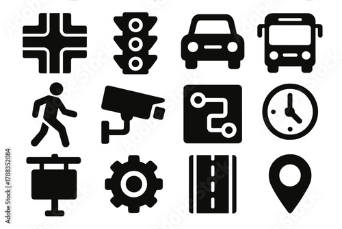 Brutalist Traffic Icons. Urban Traffic Control silhouette icon set: intersection, traffic light, car, bus, pedestrian, camera, route map, clock, sign, gear, road lane, GPS pin.