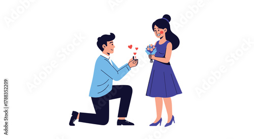 A happy man kneels to propose marriage with a ring to his smiling girlfriend holding flowers, symbolizing their future together.
