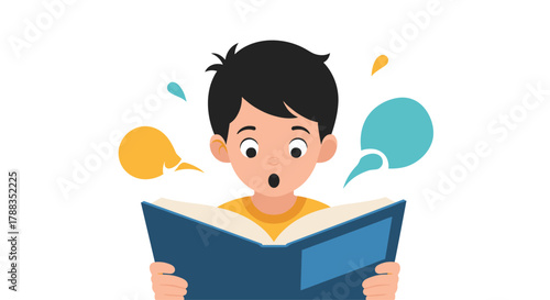 A curious young boy is engrossed in reading an exciting book, his expression showing surprise and wonder as new ideas spark around him.