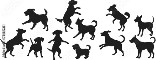 Silhouette of multiple playful dogs jumping and running together, energetic motion, pet friendship, outdoor activity, happy animal lifestyle concept illustration