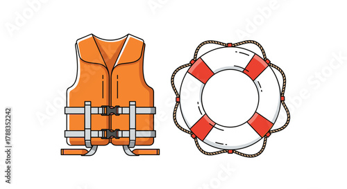 Illustration of essential water safety equipment: a buoyant orange life jacket with buckles and a classic white and red lifebuoy.