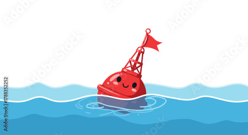 A cheerful red navigational buoy with a happy face floats gently on calm blue water, indicating a safe passage.