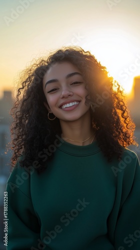Young Woman Smiles Joyfully at Sunset With City Skyline in the Background